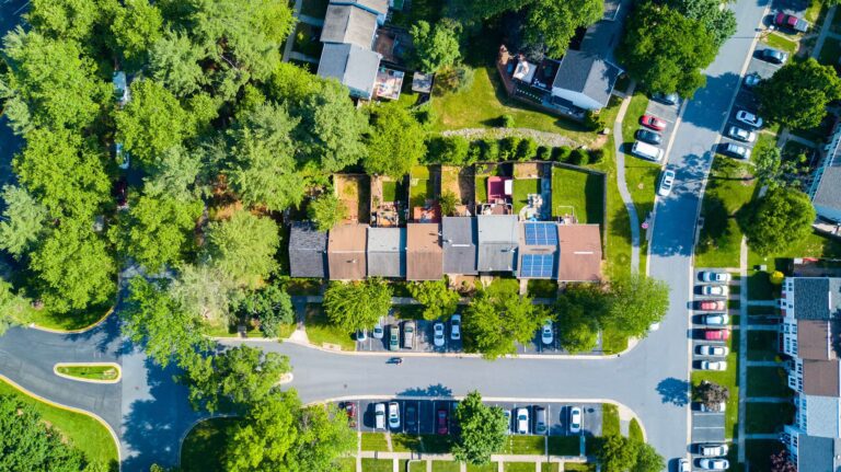 An aerial view of a housing development